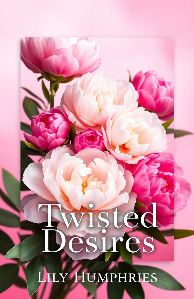 A book cover design titled 'Twisted Desires', featuring a stunning arrangement of peony flowers in various shades of pink and white, symbolizing beauty and desire