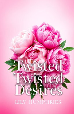 A book cover design titled 'Twisted Desires', featuring a stunning arrangement of peony flowers in various shades of pink and white, symbolizing beauty and desire