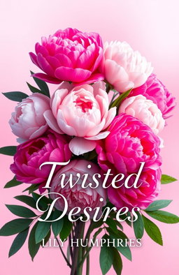 A book cover design titled 'Twisted Desires', featuring a stunning arrangement of peony flowers in various shades of pink and white, symbolizing beauty and desire