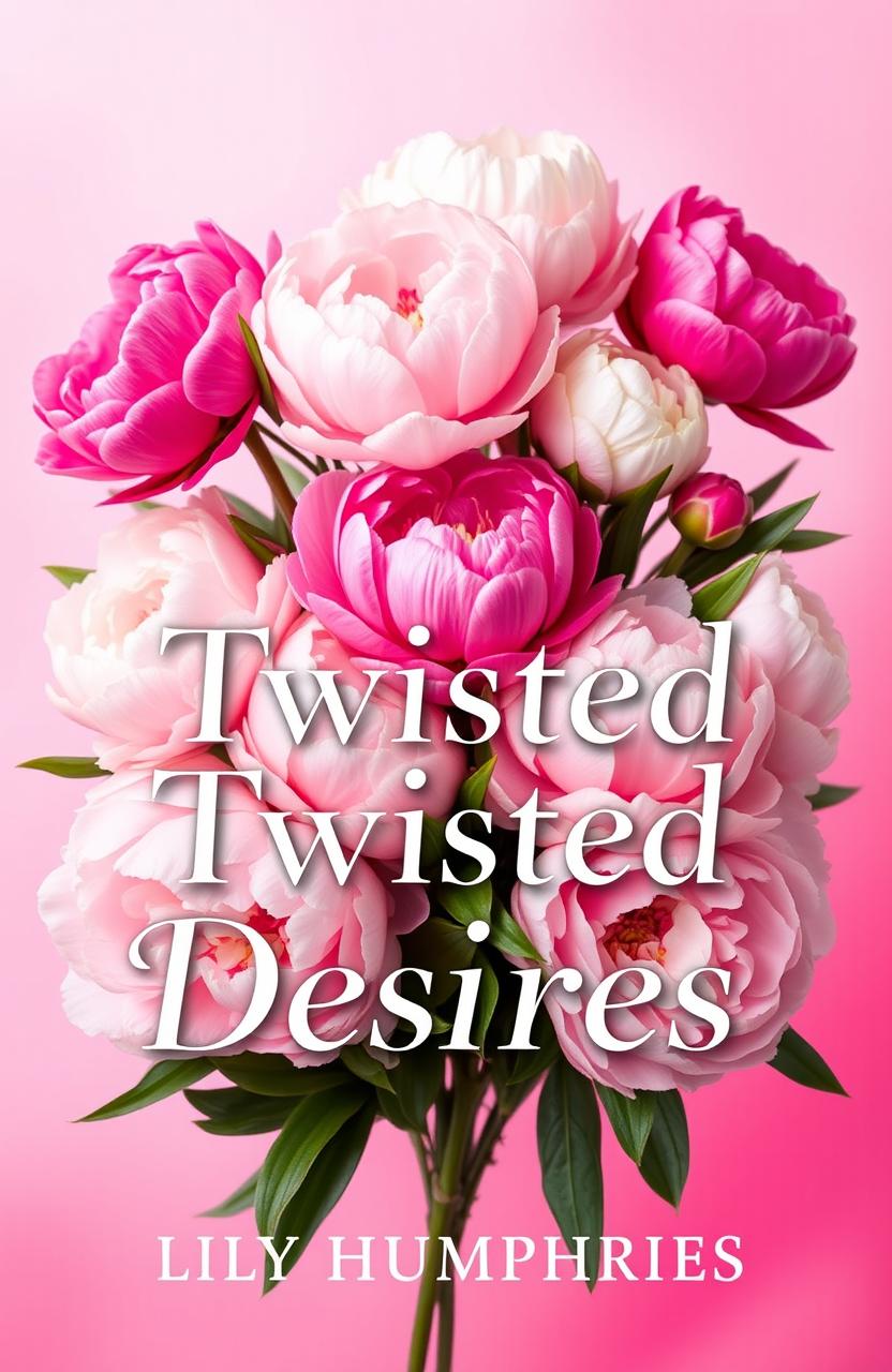A book cover design titled 'Twisted Desires', featuring a stunning arrangement of peony flowers in various shades of pink and white, symbolizing beauty and desire