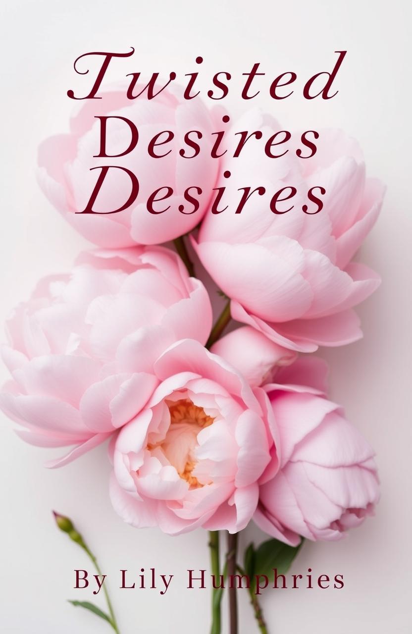 A book cover for 'Twisted Desires' featuring a beautiful, artistic arrangement of peony flowers, devoid of any human forms or faces