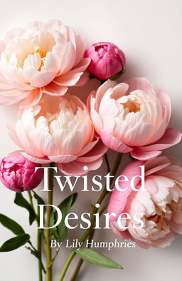 A book cover design titled 'Twisted Desires' featuring beautiful peony flowers in a minimalist style