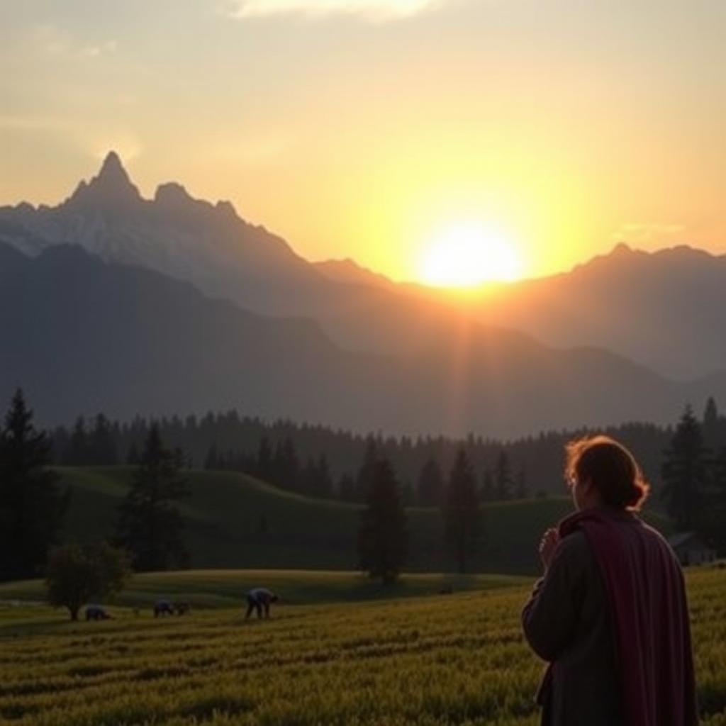 A serene natural landscape featuring majestic mountains in the background and a tranquil field in the foreground, symbolizing firmness and perseverance