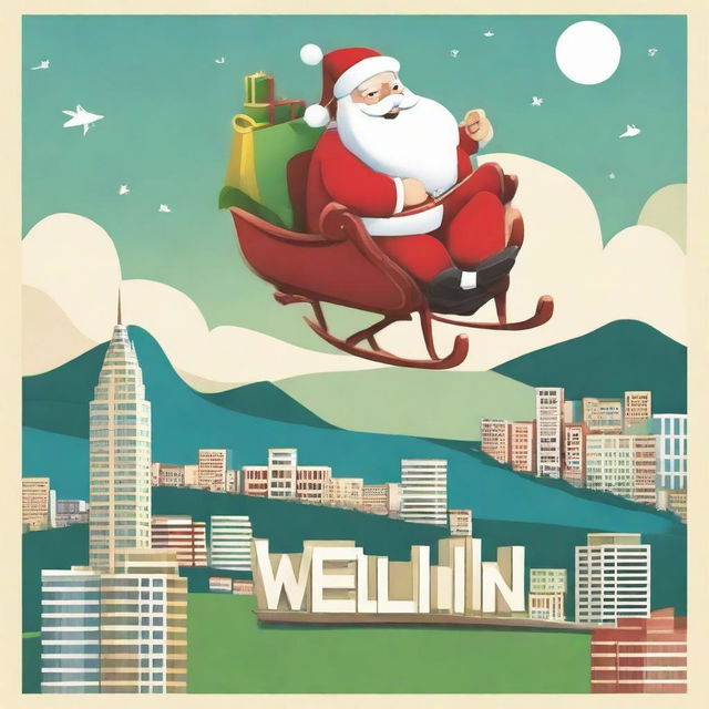 Santa Claus with his sleigh flying over the Wellington city sign, stylised like the Hollywood sign, with a giant Santa hat on top.