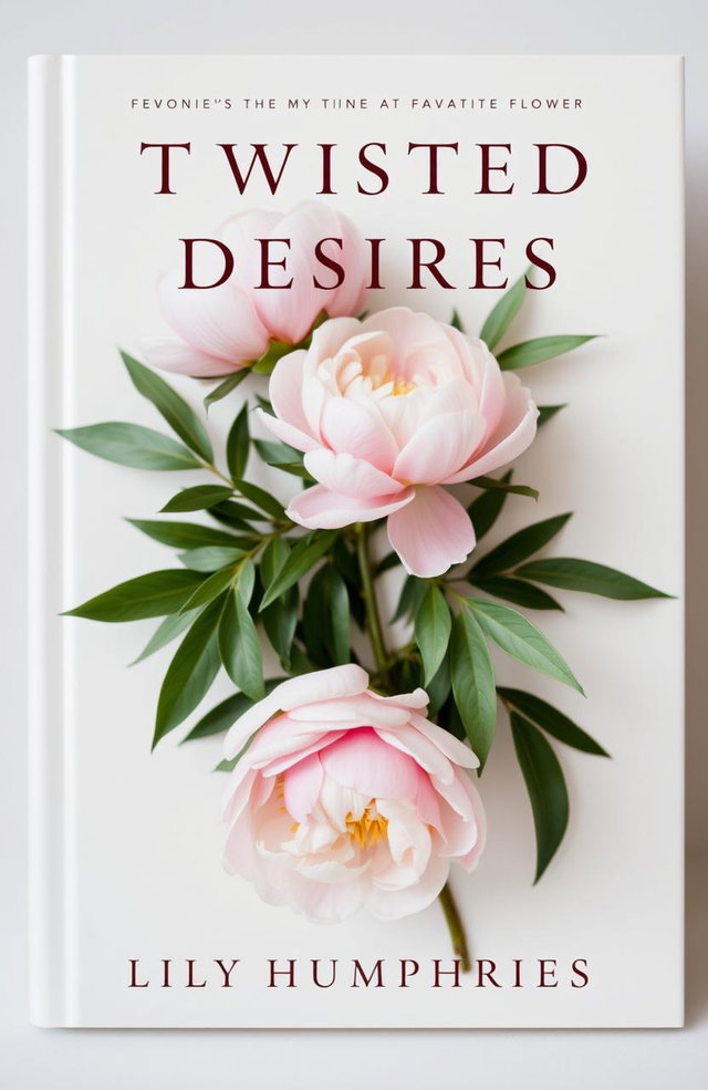 A minimalist book cover design for 'Twisted Desires' by Lily Humphries, featuring peonies, the favorite flower of the subject