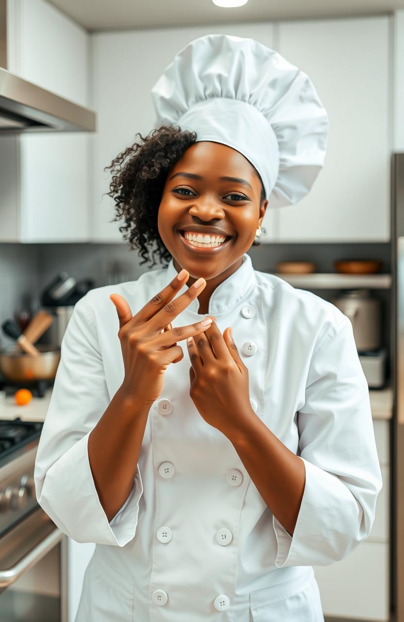 A smiling 33-year-old black woman wearing a white chef's outfit and a traditional chef's cap, playfully licking her fingers in a well-equipped modern kitchen
