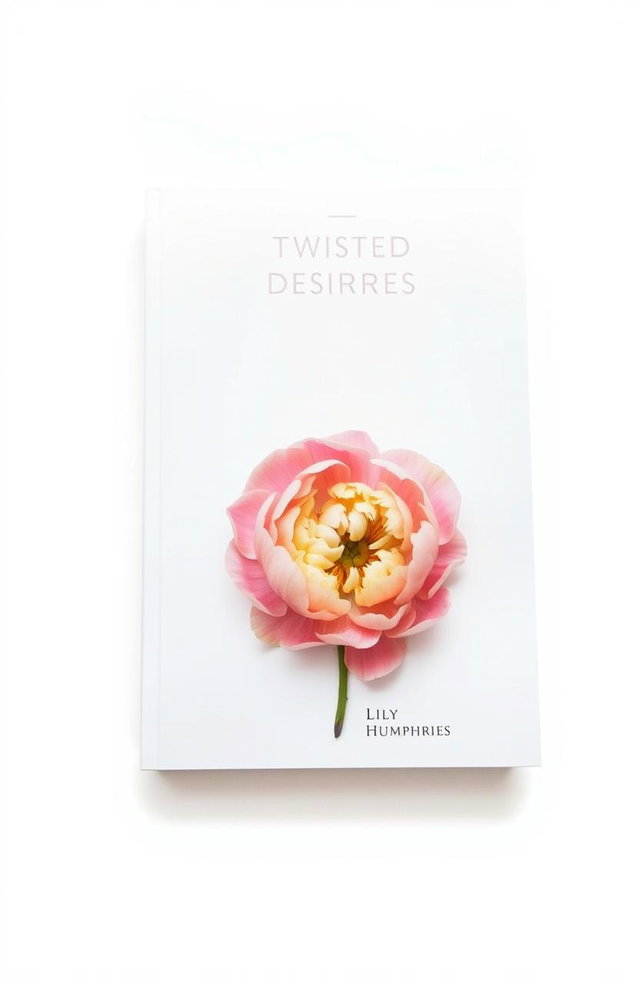 A minimalist book cover for 'Twisted Desires' by Lily Humphries, featuring a beautifully arranged peony flower as the central element