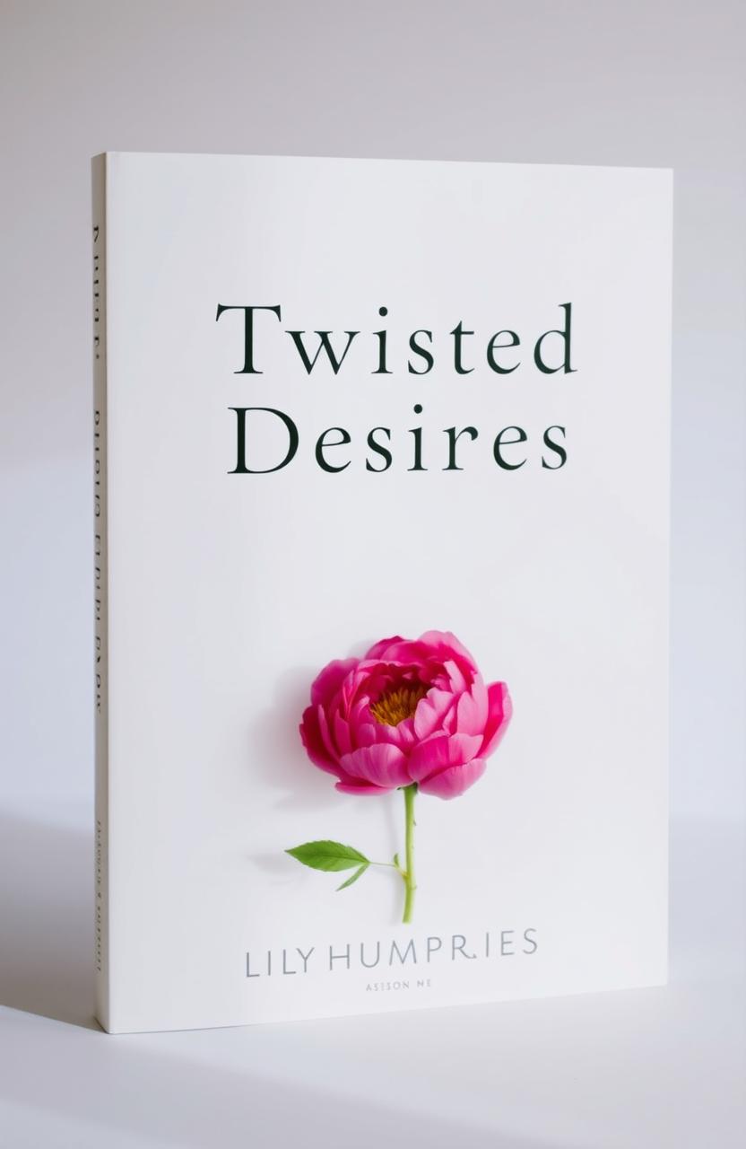 A minimalist book cover for 'Twisted Desires' by Lily Humphries, featuring a beautifully arranged peony flower as the central element