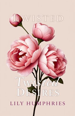 A captivating book cover design for "Twisted Desires" by Lily Humphries, featuring elegant, stylized peony flowers artistically arranged