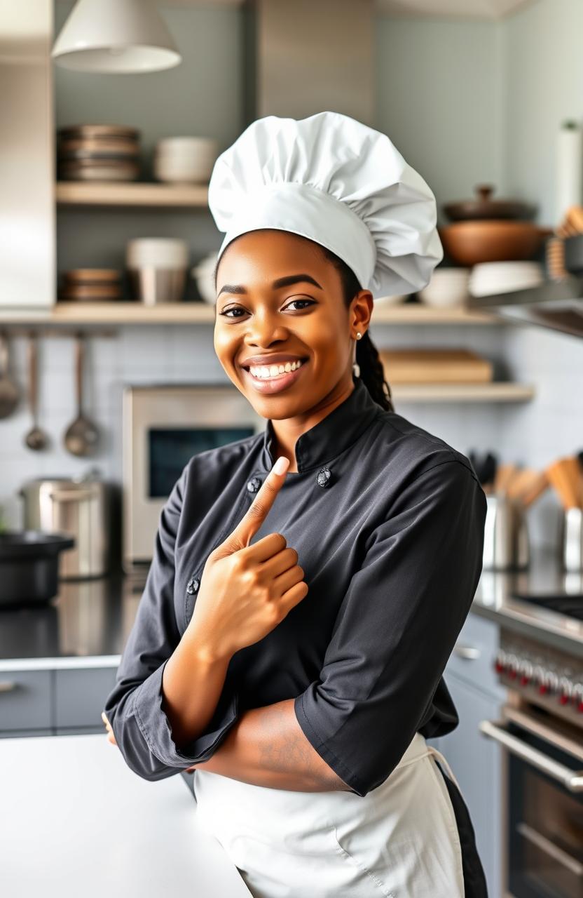 A smiling 33-year-old black woman wearing a chef's outfit and a classic chef's cap, playfully licking her fingers