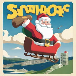 Santa Claus with his sleigh flying over the Wellington city sign, stylised like the Hollywood sign, with a giant Santa hat on top.