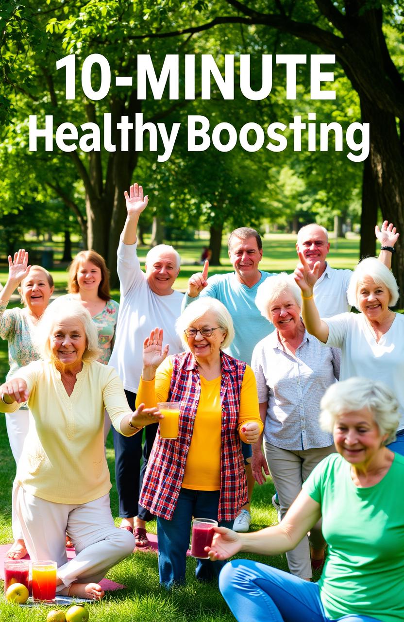 A vibrant and inspiring scene depicting a group of diverse individuals over 50 engaged in various 10-minute health boosting activities
