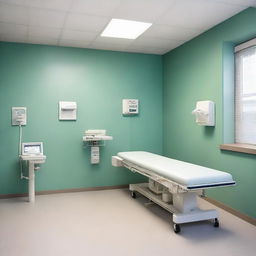 A clean and sterile clinic room with a patient bed, medical equipment, and soothing wall color.