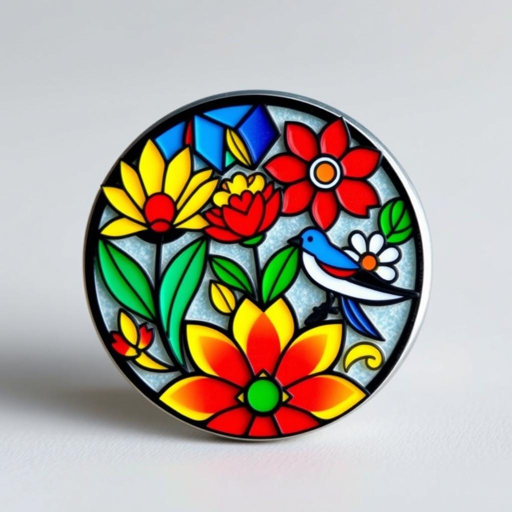 A round souvenir magnet with a diameter of 5 cm, designed in the style of stained glass art