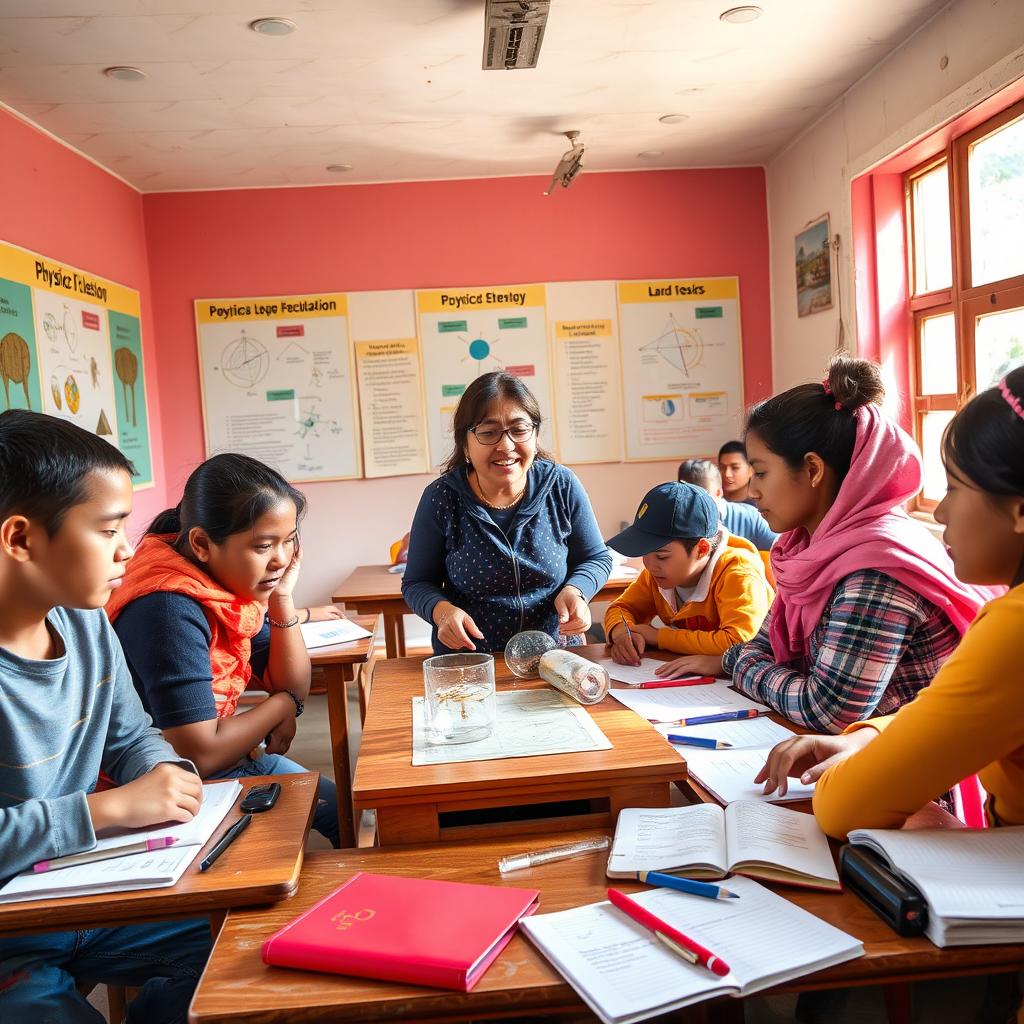A classroom scene representing a physics class for third-year secondary students in a productive community school in Pando, Bolivia