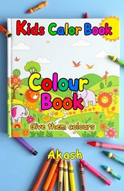 A vibrant and playful book cover for "Kids Colour Book" featuring a colorful background filled with cartoonish animals like elephants, lions, and birds playing in a whimsical landscape full of flowers, trees, and rolling hills
