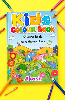 A vibrant and playful book cover for "Kids Colour Book" featuring a colorful background filled with cartoonish animals like elephants, lions, and birds playing in a whimsical landscape full of flowers, trees, and rolling hills