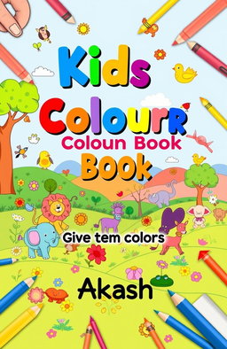 A vibrant and playful book cover for "Kids Colour Book" featuring a colorful background filled with cartoonish animals like elephants, lions, and birds playing in a whimsical landscape full of flowers, trees, and rolling hills