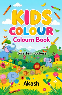 A vibrant and playful book cover for "Kids Colour Book" featuring a colorful background filled with cartoonish animals like elephants, lions, and birds playing in a whimsical landscape full of flowers, trees, and rolling hills
