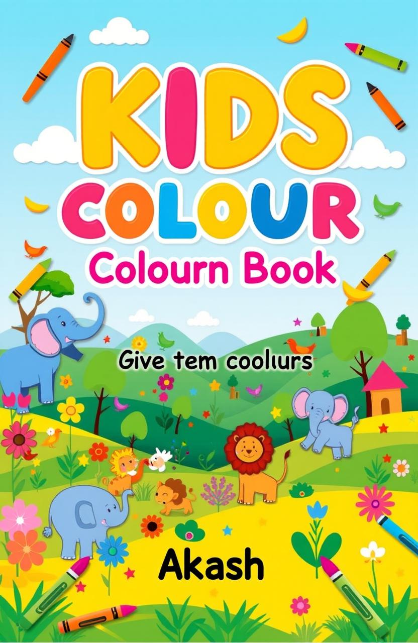 A vibrant and playful book cover for "Kids Colour Book" featuring a colorful background filled with cartoonish animals like elephants, lions, and birds playing in a whimsical landscape full of flowers, trees, and rolling hills