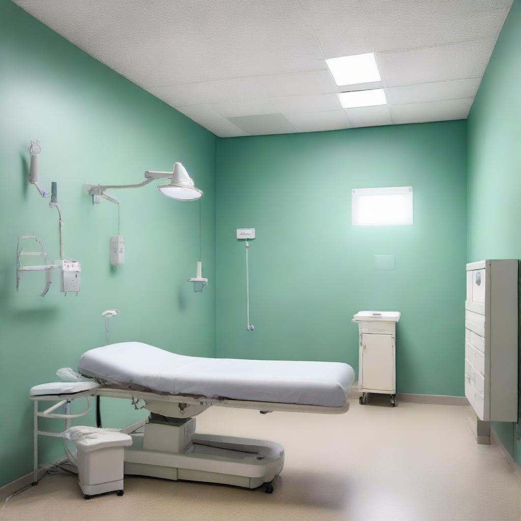 A clean and sterile clinic room with a patient bed, medical equipment, and soothing wall color.