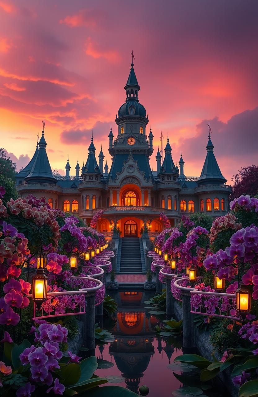 A mystical and elegant palace surrounded by vibrant orchids, bathed in the warm, soft light of dusk