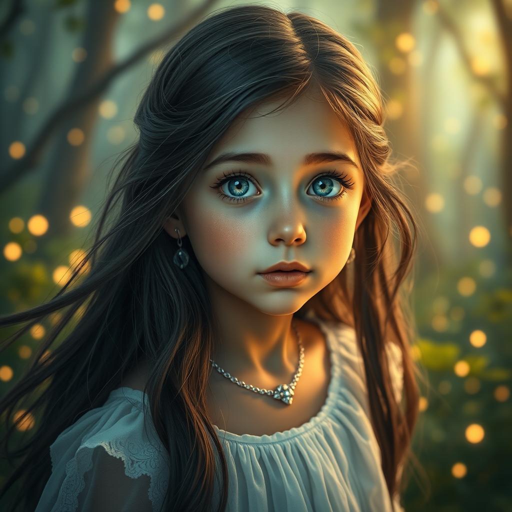 A stunning portrait of an ethereal girl with long, flowing dark hair, shimmering blue eyes wide open, exuding a sense of wonder and curiosity