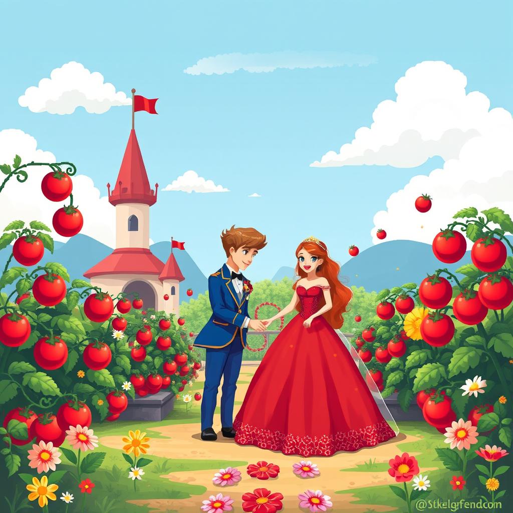A vibrant 2D pixel art scene depicting a whimsical Tomato Kingdom in the background