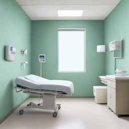 A clean and sterile clinic room with a patient bed, medical equipment, and soothing wall color.