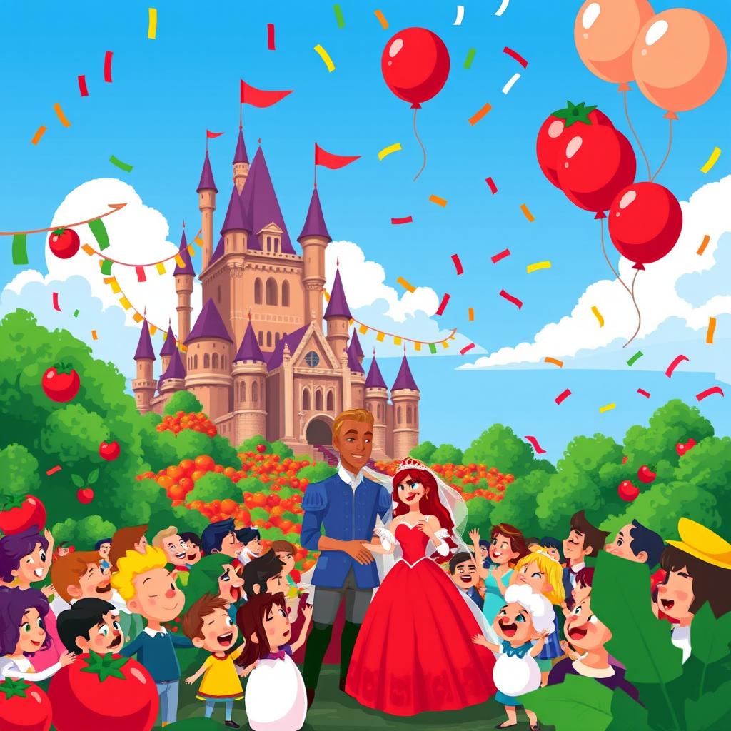 A vibrant pixel art scene depicting a whimsical tomato kingdom filled with rich reds and greens