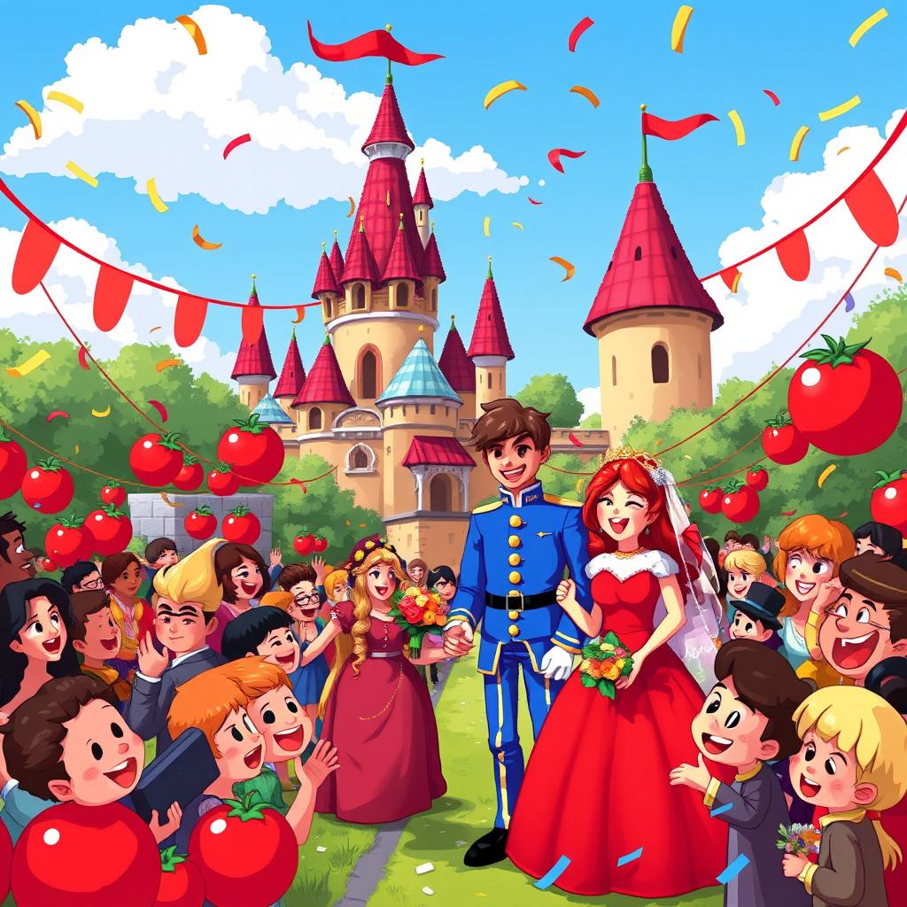 A vibrant pixel art depiction of a 2D tomato kingdom, featuring a colorful castle in the background