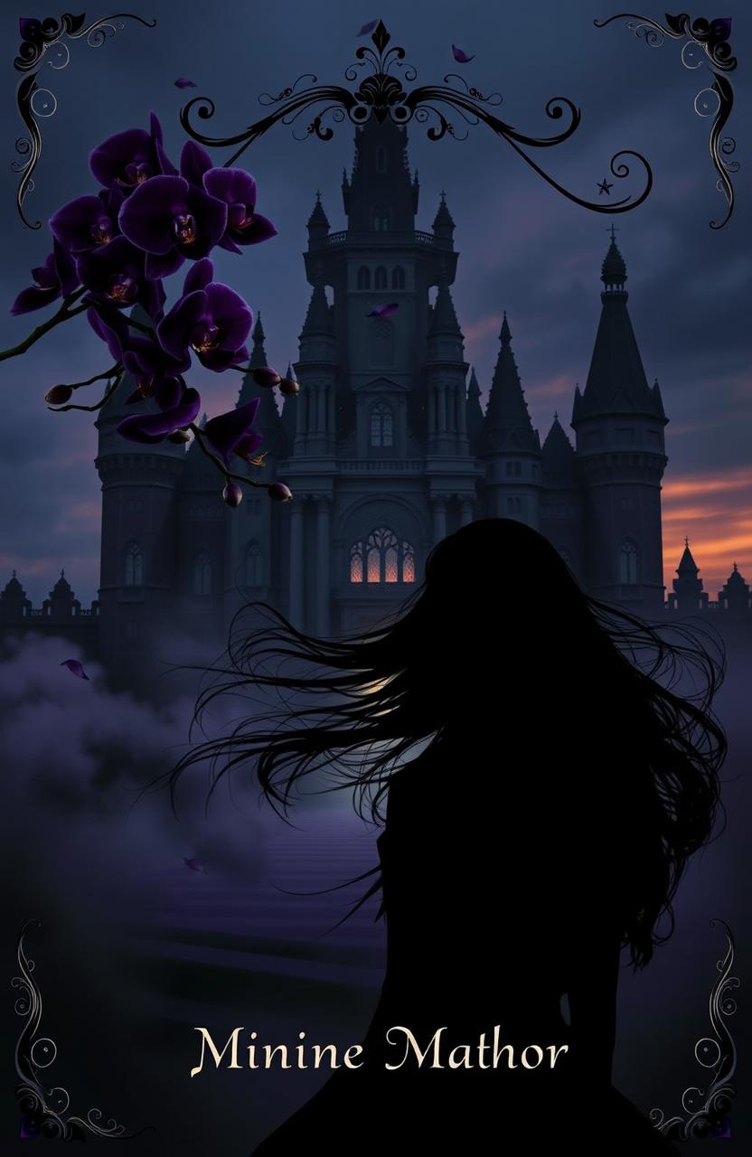A dark, gothic palace with intricate architecture in the background, its silhouette fading into swirling mist, creating an atmosphere of mystery