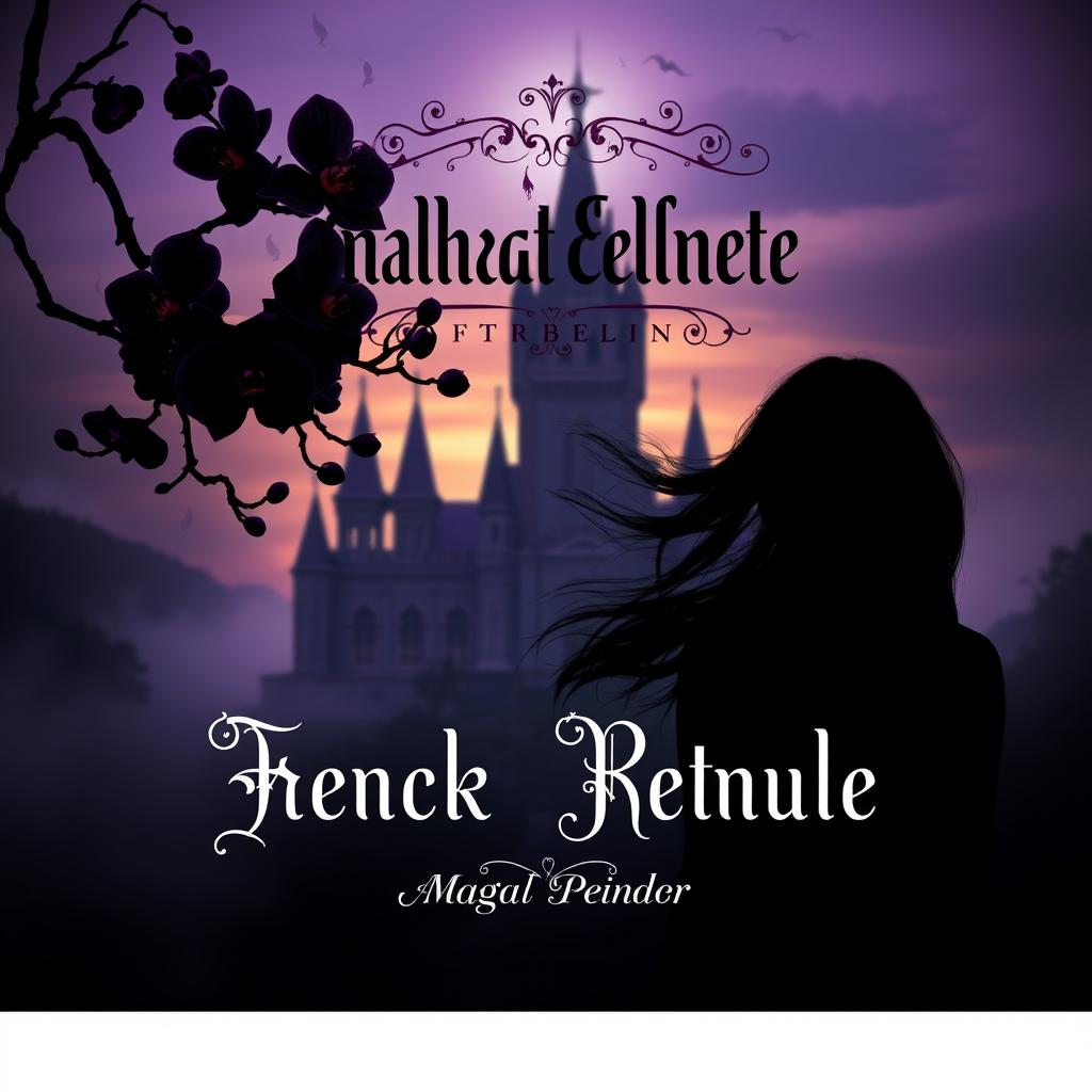 A dark, gothic palace with intricate architectures in the background, its silhouette fading into a mystical mist