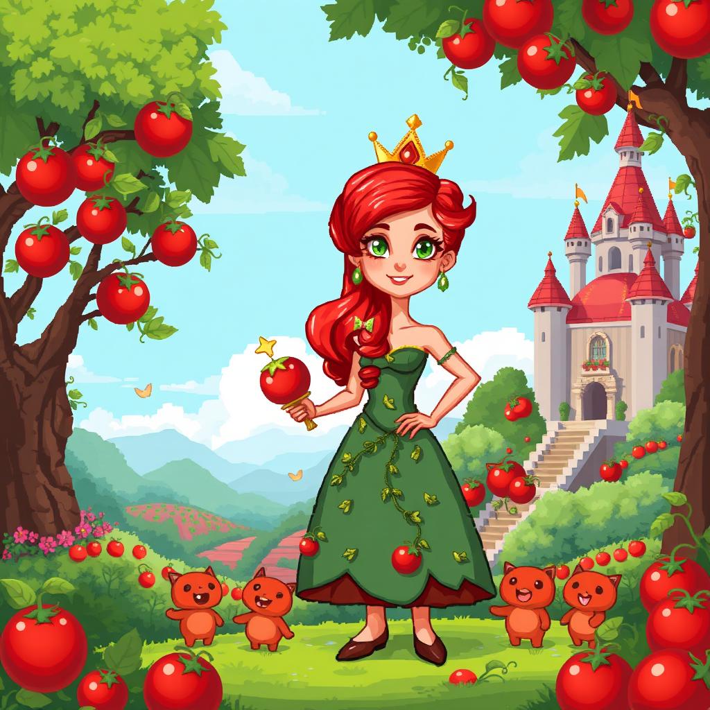 A charming pixel art scene depicting a 2D tomato kingdom princess