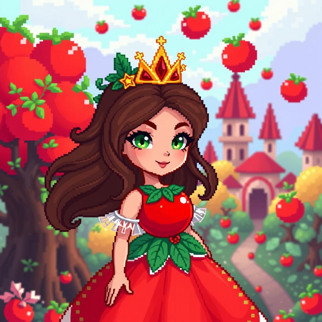 A vibrant pixel art scene depicting a tomato kingdom princess