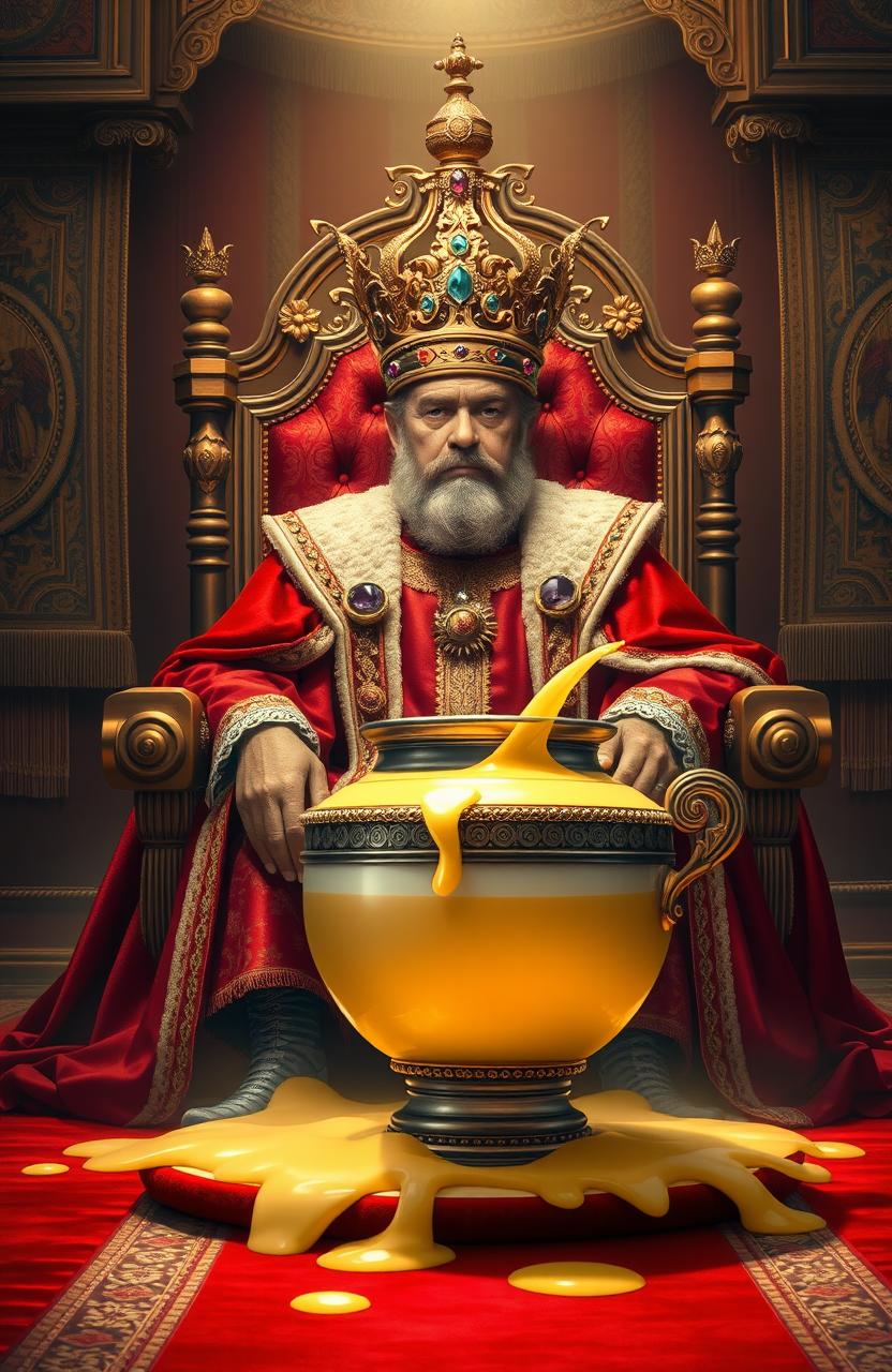 A majestic scene of a king seated on a grand throne, wearing an ornate crown decorated with gemstones