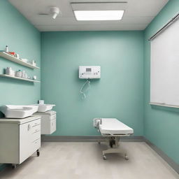 A clean and sterile clinic room with a patient bed, medical equipment, and soothing wall color.