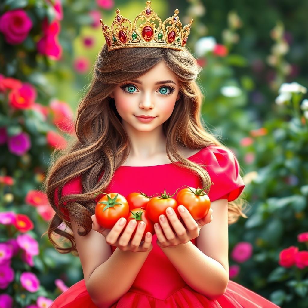 A beautiful princess adorned with an elegant crown, wearing a striking red dress