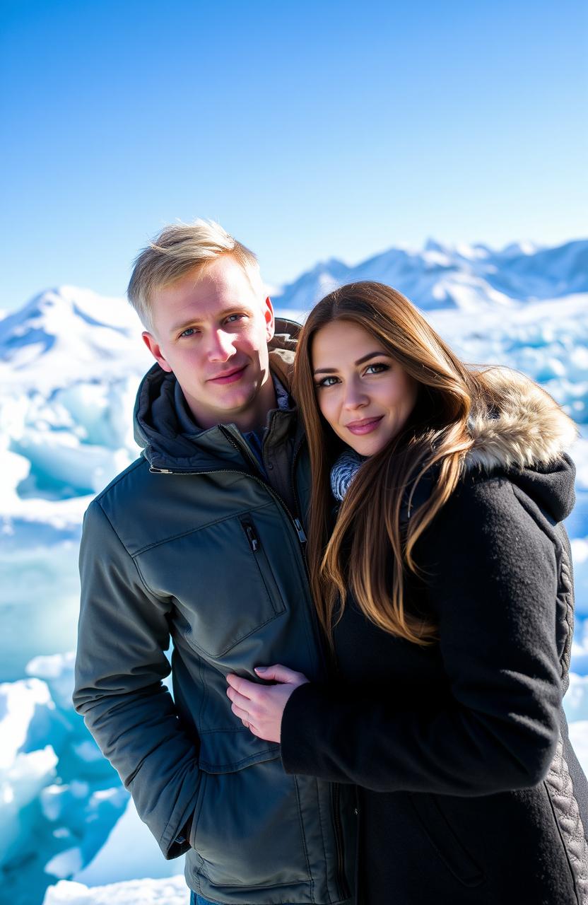A romantic couple standing on a stunning glacier landscape