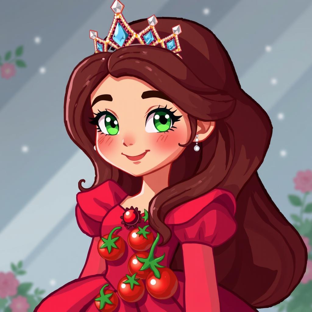 A princess wearing a sparkling crown, dressed in a vibrant red gown, featuring a playful touch of tomatoes arranged decoratively across her outfit