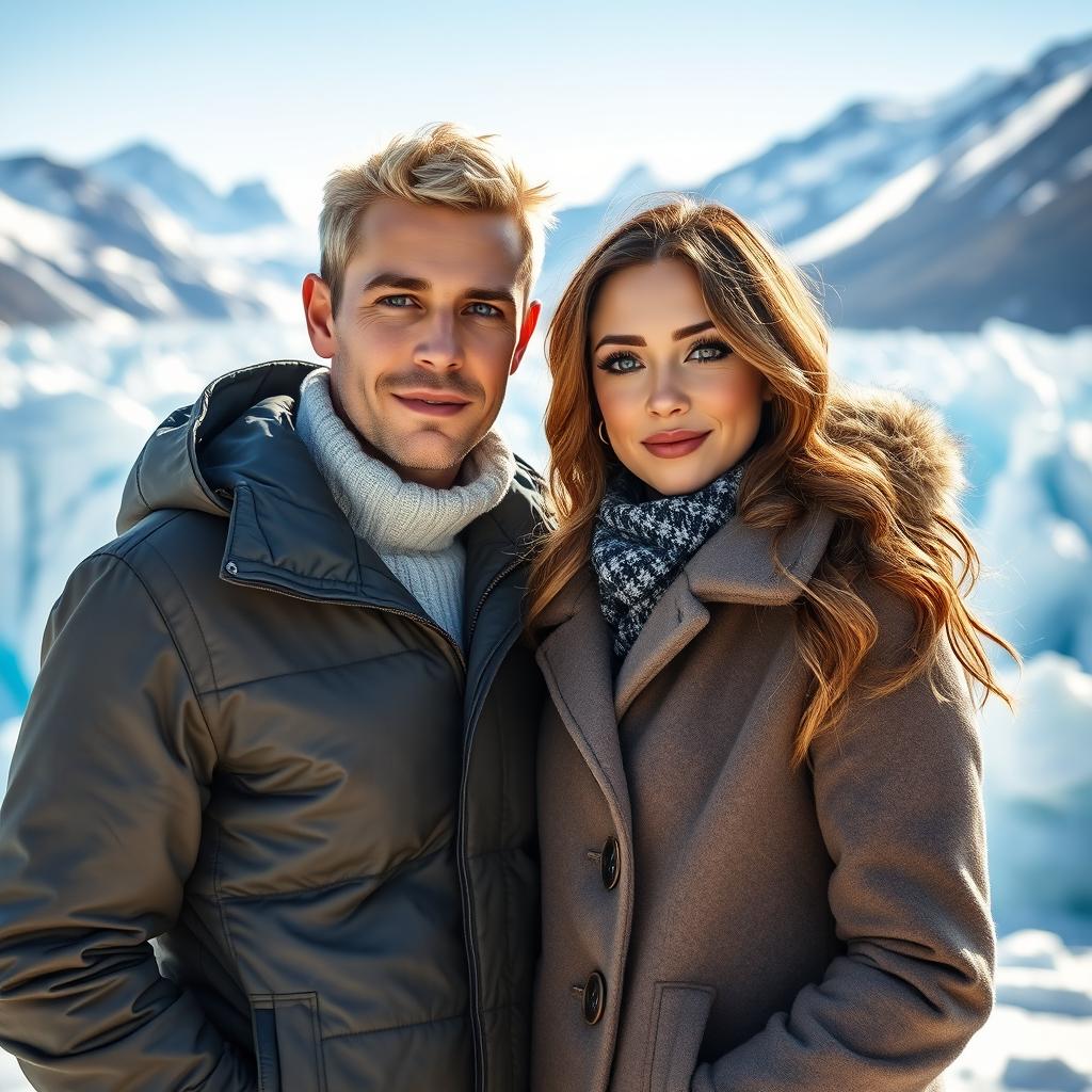 A beautiful couple standing together on a breathtaking glacier