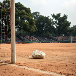 A dusty soccer field with a goalpost in the foreground