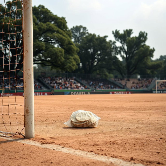 A dusty soccer field with a goalpost in the foreground