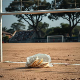 A dusty soccer field with a goalpost in the foreground