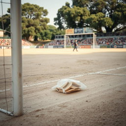 A dusty soccer field with a goalpost in the foreground