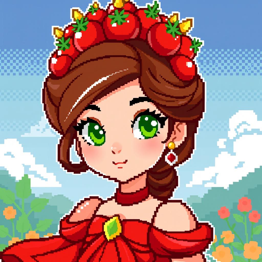 A pixel art style depiction of a princess, wearing a crown made of tomatoes