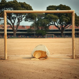 A dusty soccer field with a goalpost prominently displayed