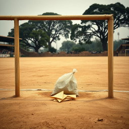 A dusty soccer field with a goalpost prominently displayed