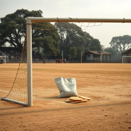 A dusty soccer field with a goalpost prominently displayed