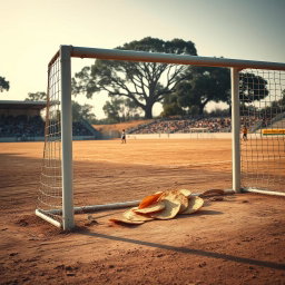 A dusty soccer field with a goalpost prominently displayed